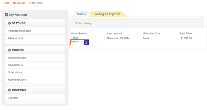 Order History page, Waiting for Approval tab screen capture