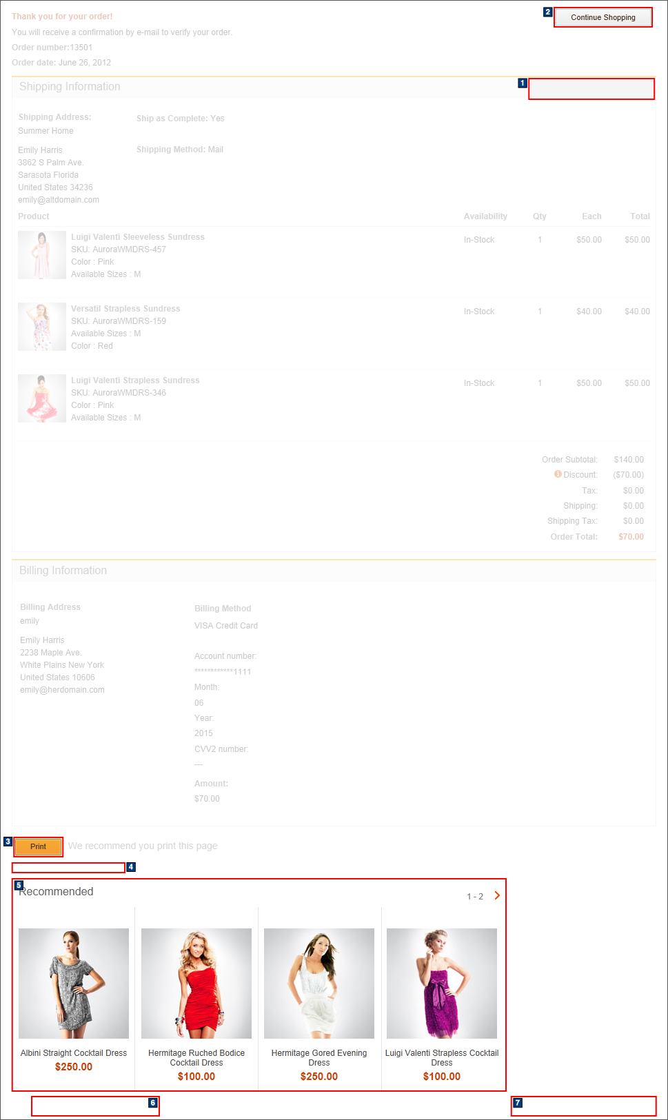 Order Confirmation page: Single shipping and billing address screen capture
