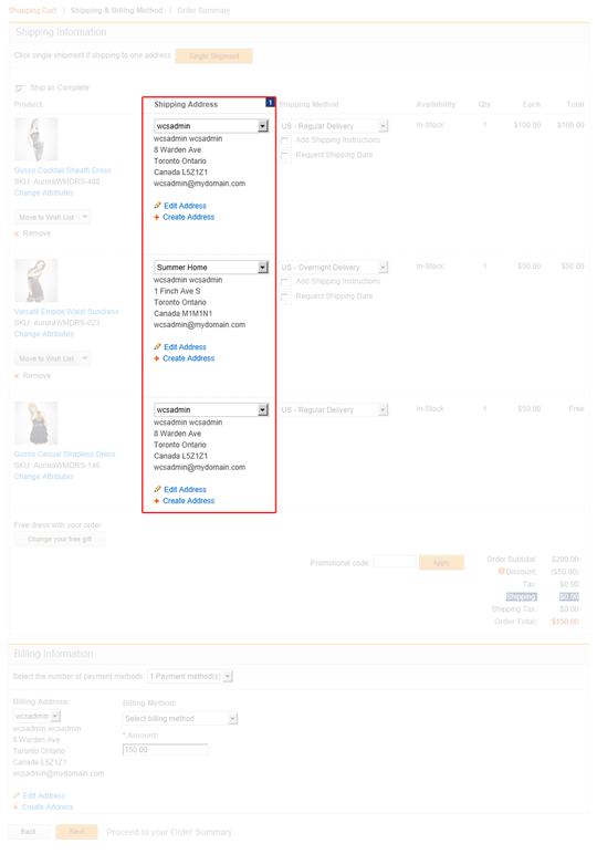 Shipping and Billing Method page: Multiple shipping and billing addresses screen capture