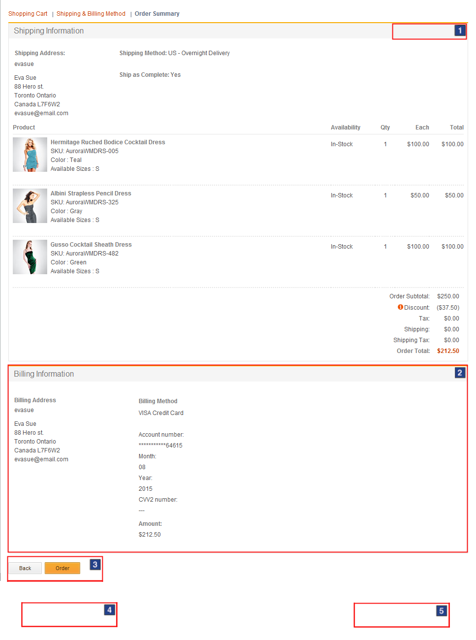 Order summary page: Single shipping and billing addresses screen capture