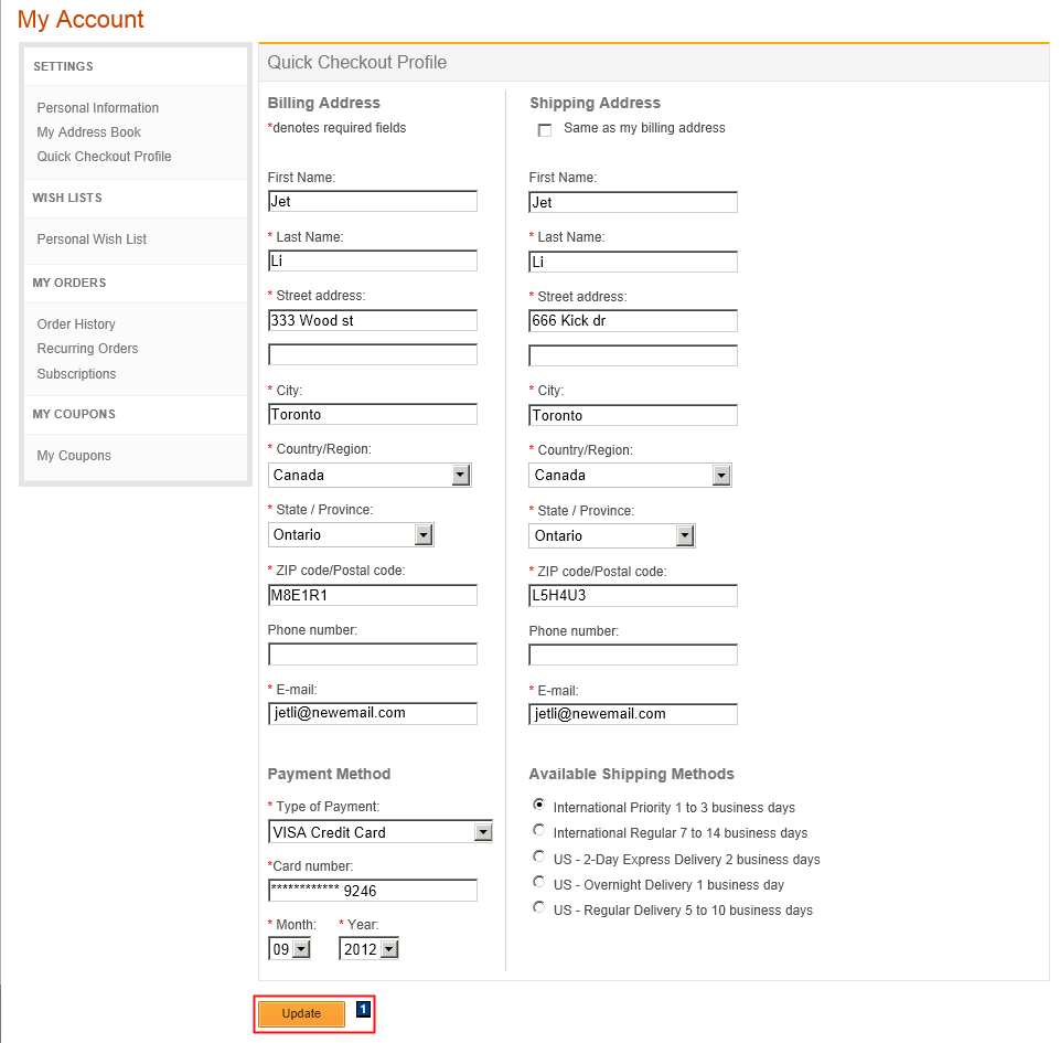 Elements of the Quick Checkout Profile page screen capture