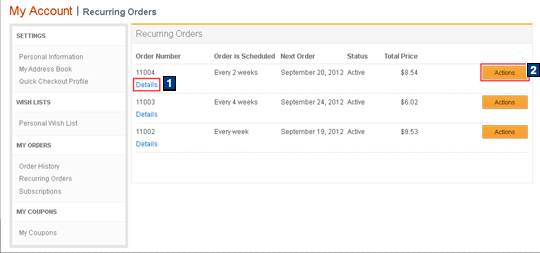 Recurring orders page screen capture