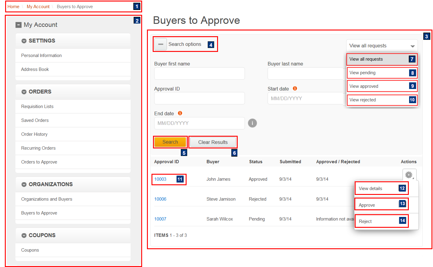 Captura de pantalla de la página Aprobación de compradores