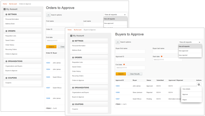 Capturas de pantalla Aprobación de compradores y Pedidos para aprobar