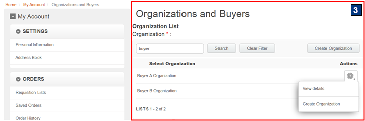 Página de Organización y compradores