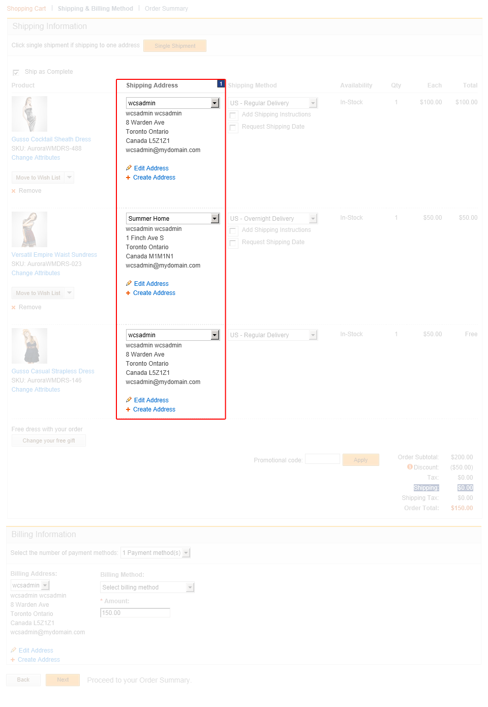 Página Métodos de envío y facturación: Captura de pantalla de la página Varias direcciones de envío y facturación