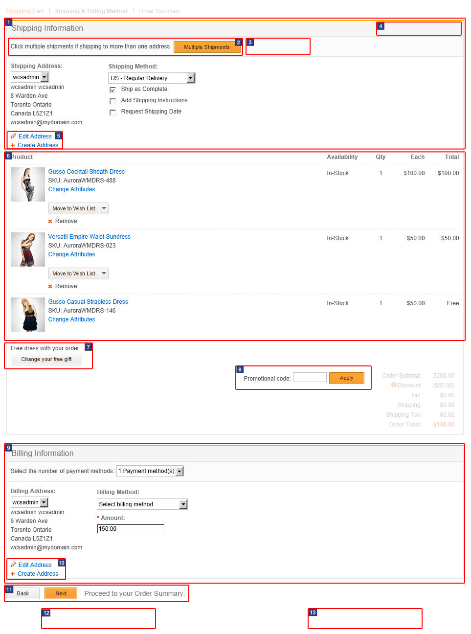 Página Métodos de envío y facturación: Captura de pantalla de la página Varias direcciones de envío y facturación
