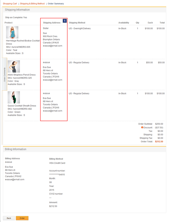 Página de Resumen de pedidos: Captura de pantalla de la página de Varias direcciones de envío y facturación