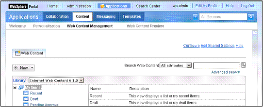 Captura de pantalla de página IBM Web Content Manager