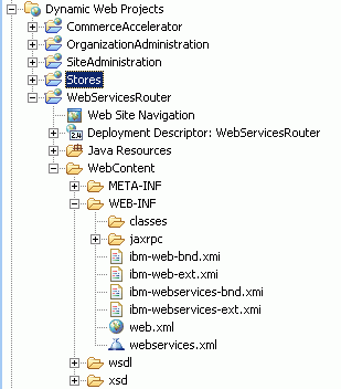 Captura de pantalla que muestra el diseño del directorio del proyecto WebServicesRouter con detalle en la tabla siguiente.
