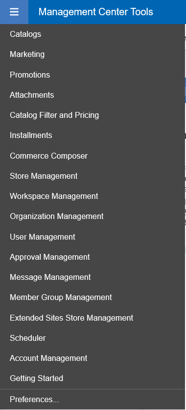 Management Center tools menu with workspaces enabled