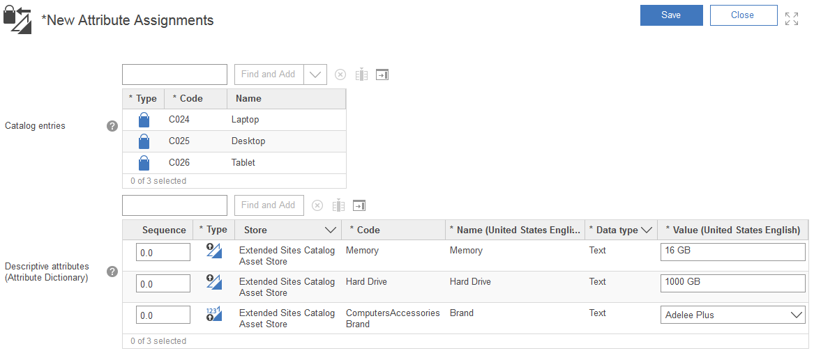 Screen capture of attribute assignment to multiple catalog entries.