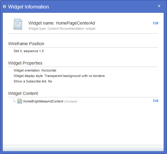 Widget Information window
