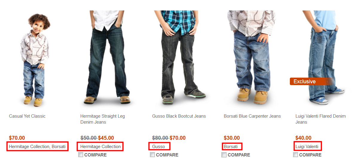 Boys Pants category page with brand names