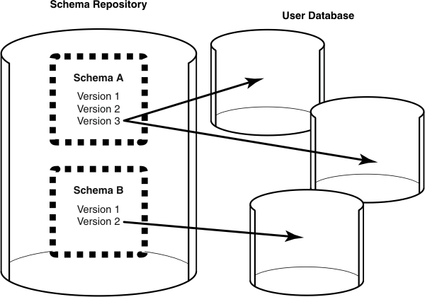 Relationship between database set components user databases, schemas, and schema repositories