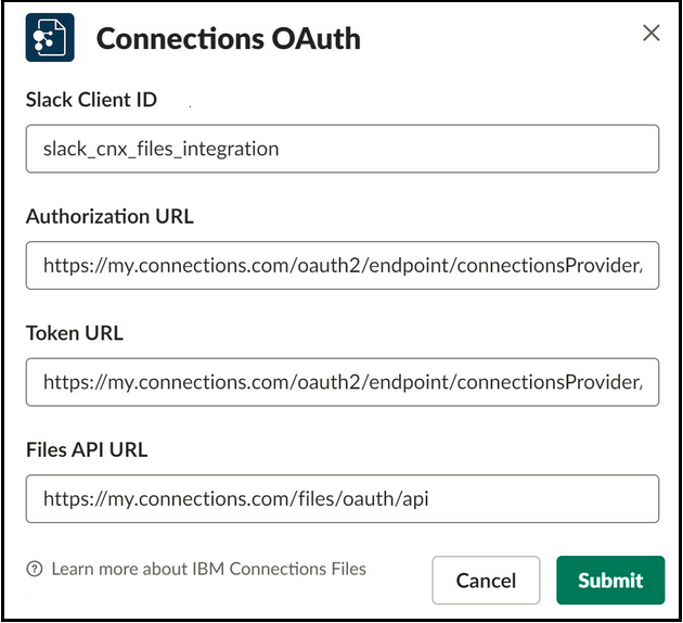 Slack integration dialog to enable IBM Connections