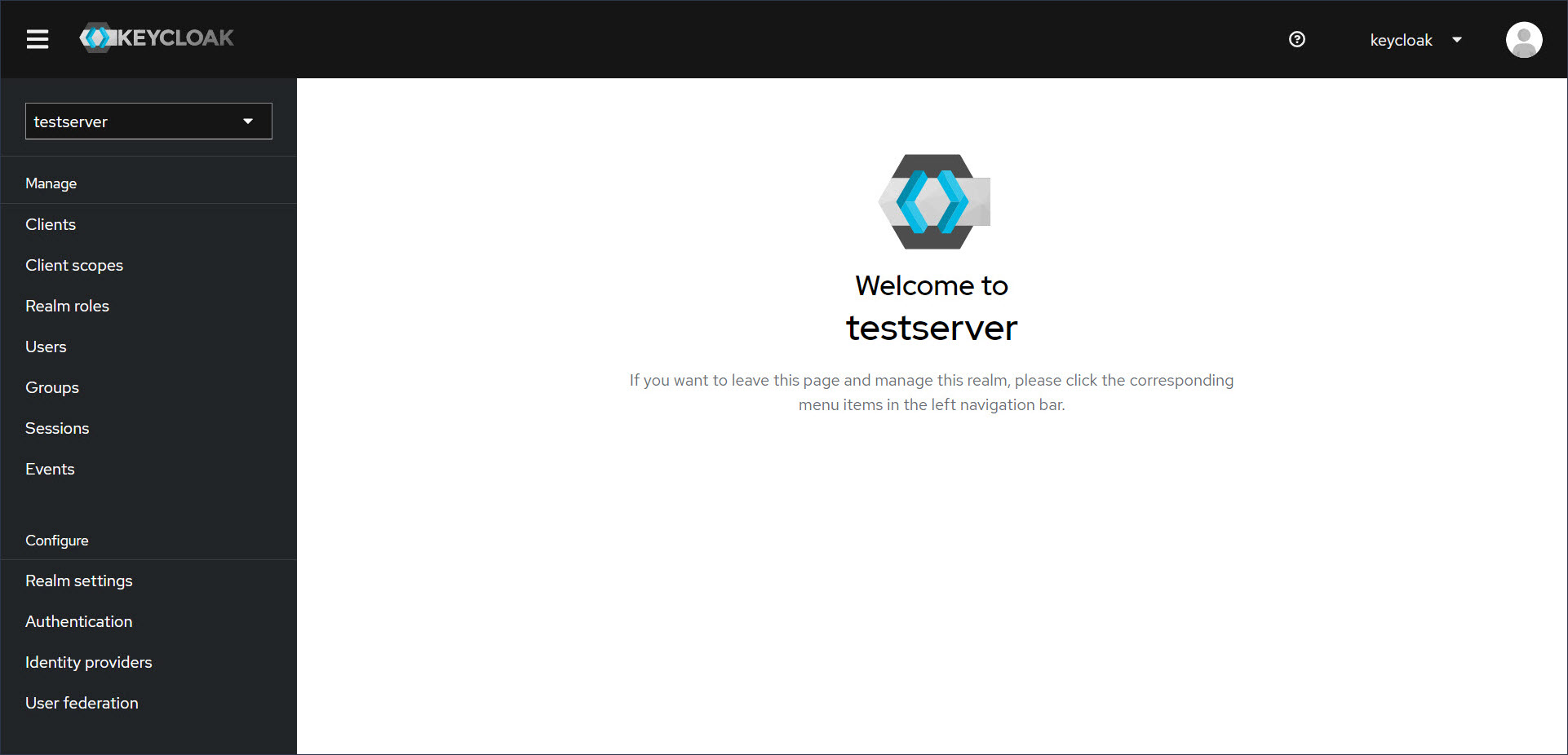 Image of the testserver realm dashboard.
