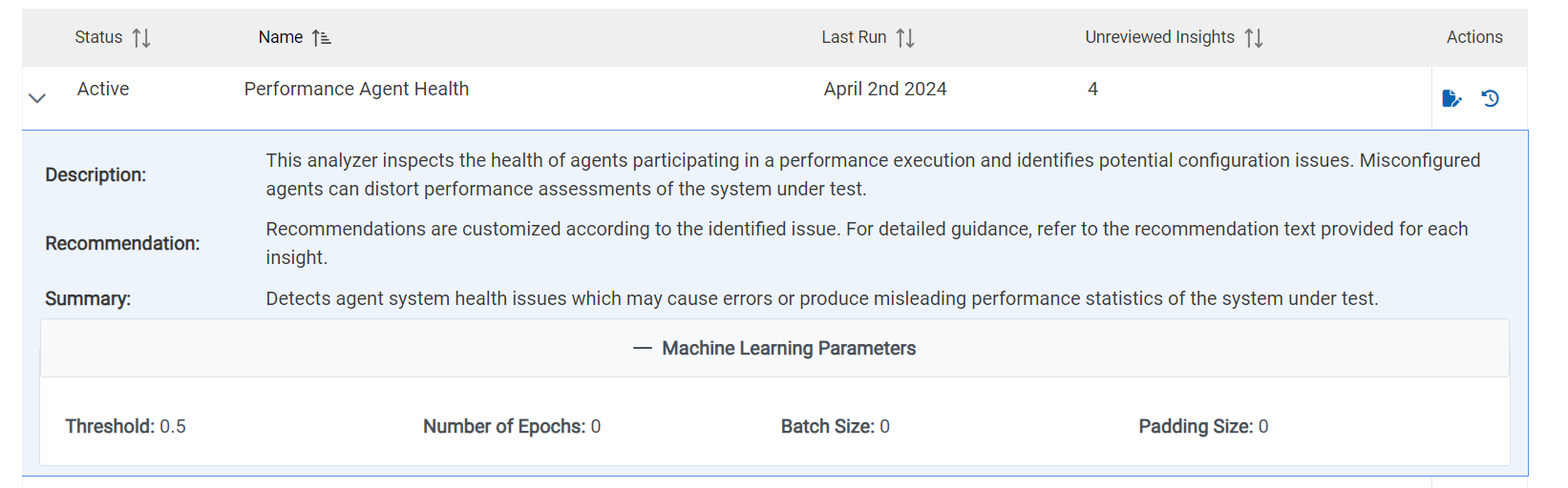 Image of a sample insight detail of the Performance Agent Health parameter.