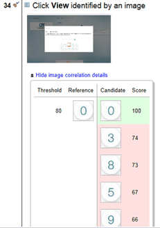 The test report indicates that the candidate image and the reference image are matching on the target step