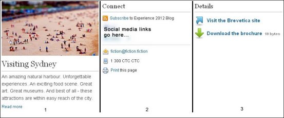 This picture shows three examples. A navigation block with an image, descriptive text, and a "Read more" link. Tools for subscribing to an RSS feed, sending email, more information, and printing the page. A details block with a links to an external site and a PDF file.