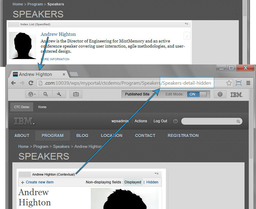 Image showing the contextual content that displays when the biography information for a speaker is clicked. The image shows "Speakers-hidden-detail" included at the end of the URL.