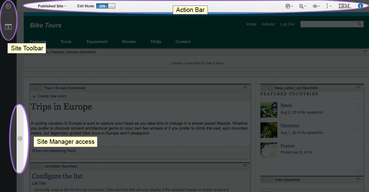Screen capture of the authoring user interface that highlights the action bar, site toolbar, and Site Manager access.