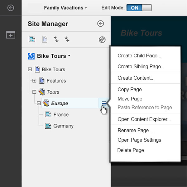 Animated screen capture of the Site Manager tree view that highlights the context menu for a page. The animation shows the cursor move to the page Europe and select the context menu icon. The context menu for the page Europe opens.