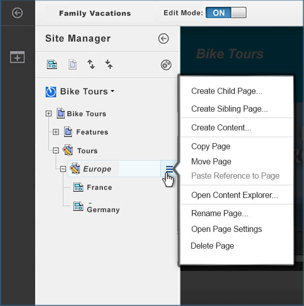 Screen capture of the Site Manager tree view and how to open the context menu for a page.