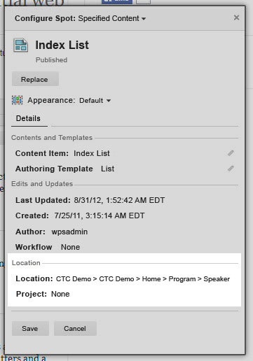 Configure Spot: Specified Content dialog highlighting the Location as CTC Demo > CTC Demo > Home > Program > Speaker .