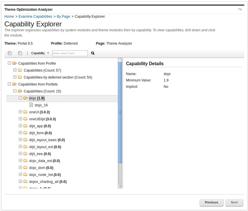 Screen capture of Capability explorer to examine capabilities by page.