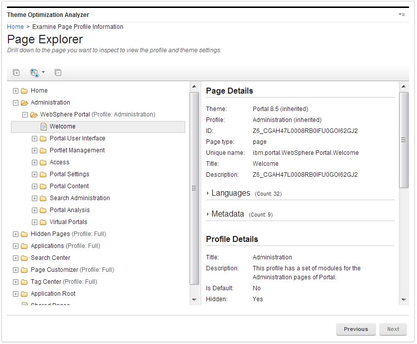 Screen capture of Page explorer to examine page profile information.