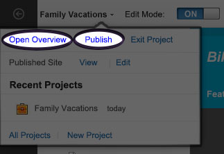 Screen capture of the open project menu, with the Publish option and Open Overview option highlighted.