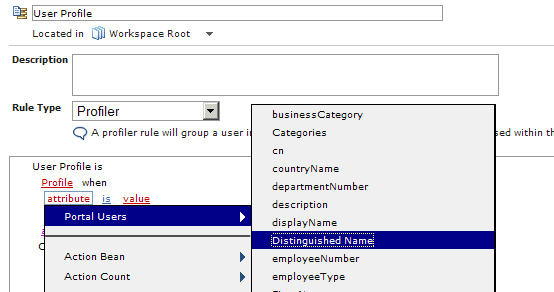 User profile screen, showing available attributes to profile Portal Users. In this example, Portal Users > Distinguished Name is selected.