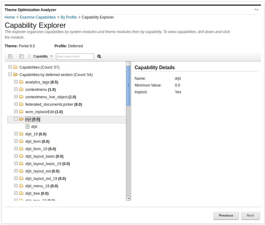 Screen capture of Capability explorer to examine capabilities by profile.