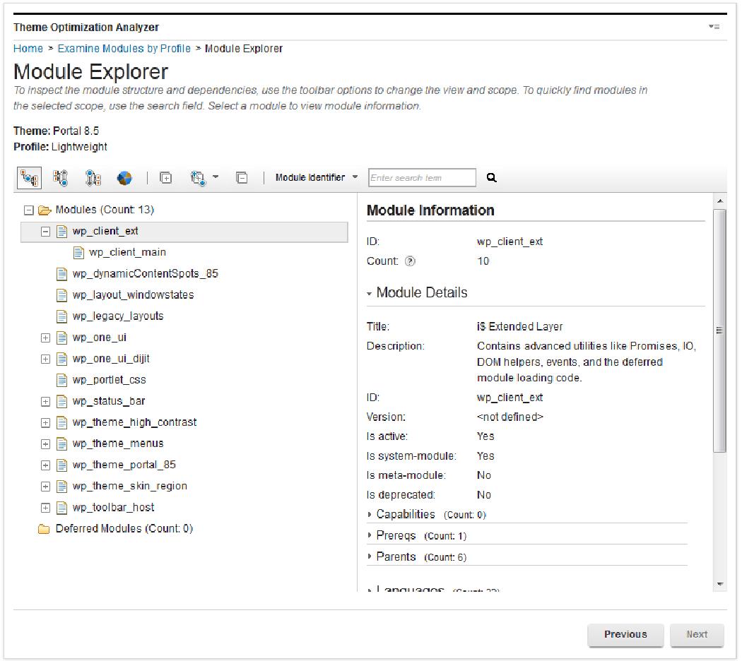 Screen capture of Module explorer to examine modules by profile.