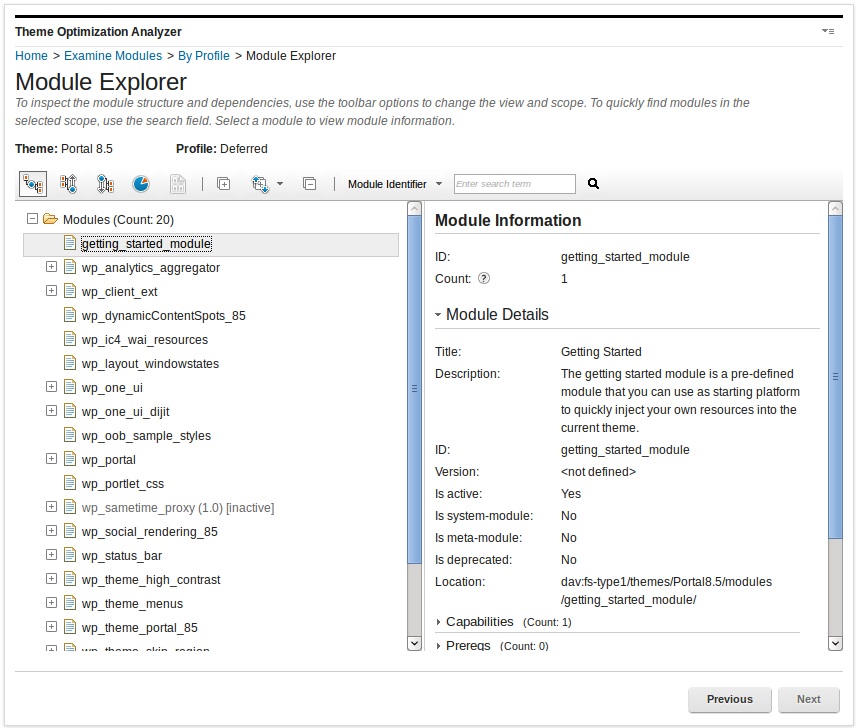 Screen capture of Module explorer to examine modules by profile in CF03.