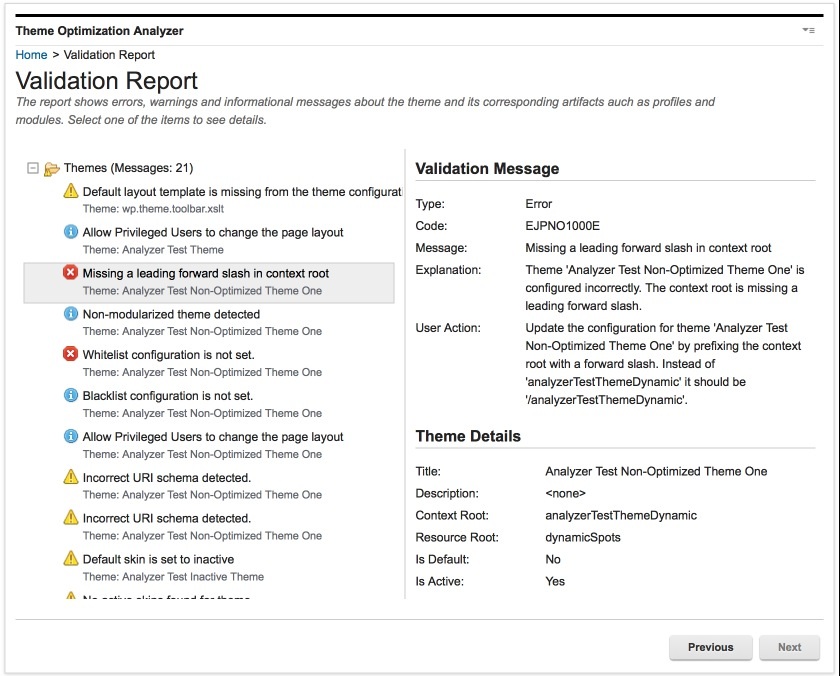 The validation report contains errors, warnings, and informational messages and their details.