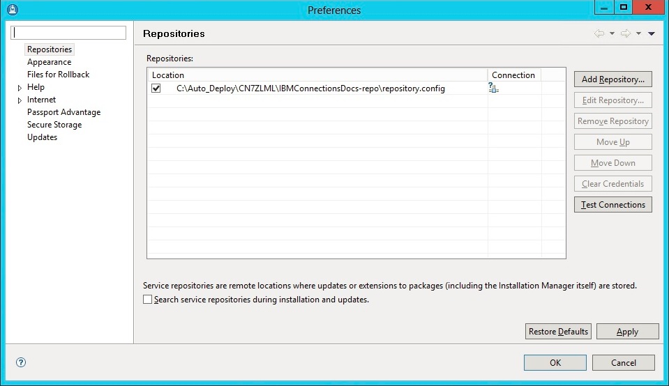 The Preferences interface in the IBM Installation Manager window