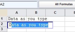 Top section of a spreadsheet showing that, as you type in data, it is displayed in both the cell and formula bar.