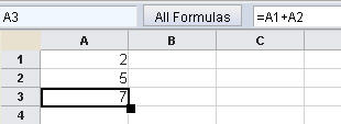 Top section of spreadsheet showing how the formula =A1+A2 in cell A3 displays the formula in the formula bar, but the sum in cell A3.