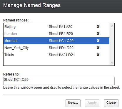 Image of Manage Named Ranges window with one range selected