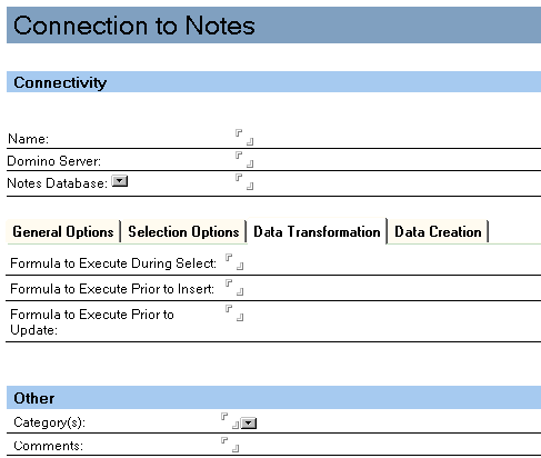 Data Transformation options as they appear on the Notes connection document