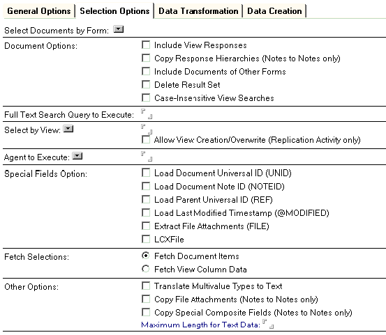 Selection options on the connection document that are described below.