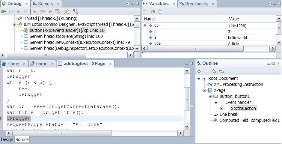 Eclipse debug configuration showing stack frame, editor, variables, and outline