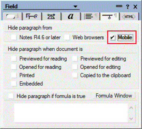 Hide paragraph from Mobile option selected for Field properties.