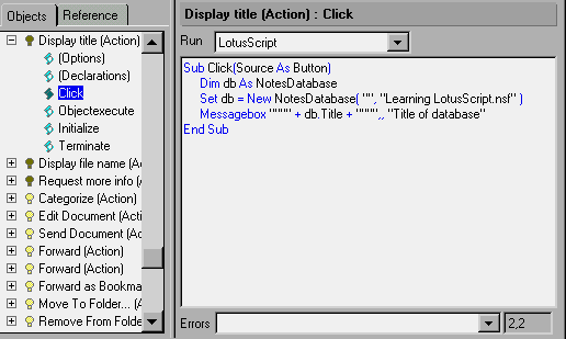 Programmer's pane displaying the LotusScript code for an Action button