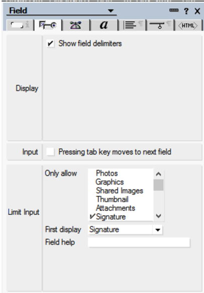Rich Text Field “Control” Tab with Signature selected as a Limit Input type