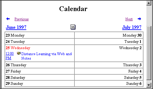 A calendar view displayed in a Web browser