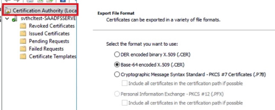 Base-64 encloded X.509 (.CER) shown as export file format.