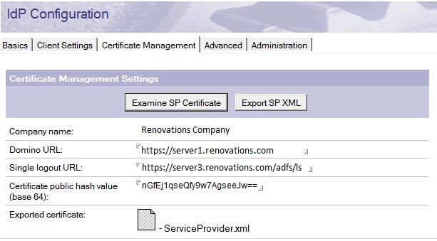 Examine SP Certificate and Export SP XML options